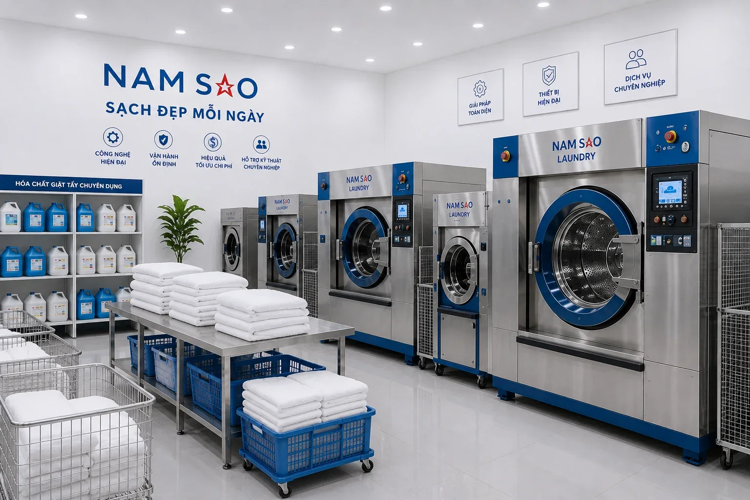 Hình thiết bị giặt sấy trong tài liệu thương hiệu Nam Sao